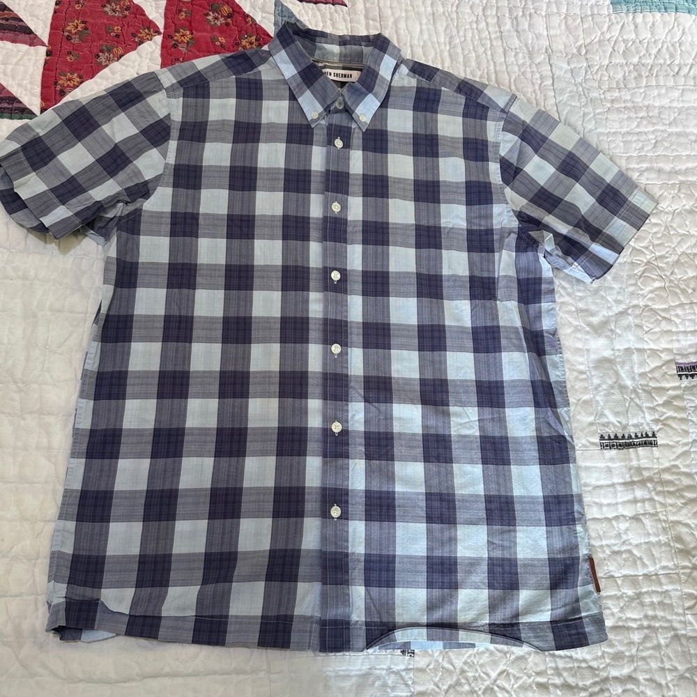 Ben Sherman Button Down Shirt Blue Navy Plaid Short Sleeve XL